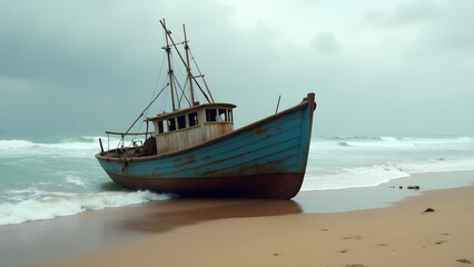 Fototapeta premium A weathered fishing boat with a faded blue hull rests on a sandy beach, partially covered by gentle waves, showcasing its age and neglect under a cloudy sky.