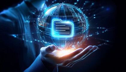 a person's hand holding a digital sphere with a glowing folder icon, symbolizing data and technology