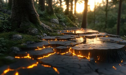 Naklejka premium Glowing forest path at sunset, fantasy scene