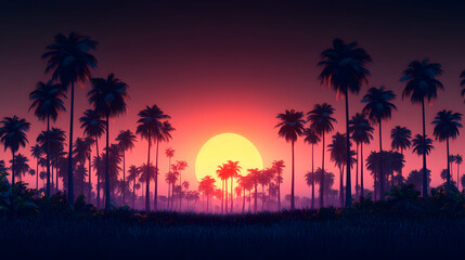 Sunset tropical palm grove