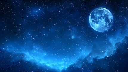 The bright full moon shining in a dark starry night sky