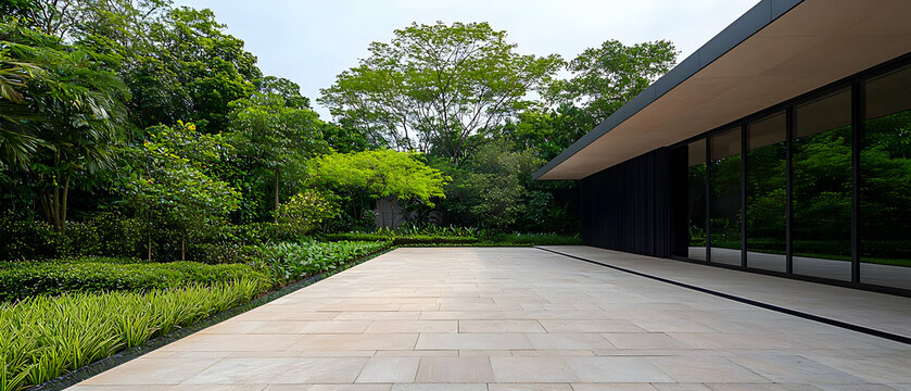 Modern Minimalist House Exterior With Landscaped Garden Lush Green Trees And Concrete Pathway