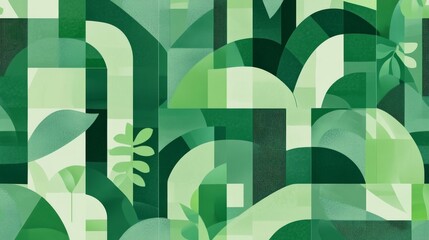 Green geometric mosaic seamless pattern with abstract nature-inspired shapes.