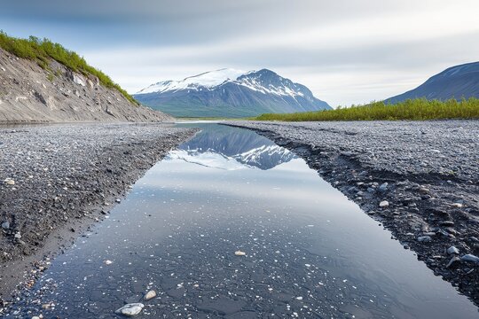 Nestled amidst a vast mountainous tundra, an isolated river carves its serene path, reflecting the grandeur of distant peaks in its still waters The pristine landscape offers a tranquil vista where