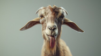 A goat with its tongue sticking out and eyes half-closed, standing lazily on a smooth white surface. Its long ears droop, making it look even funnier.