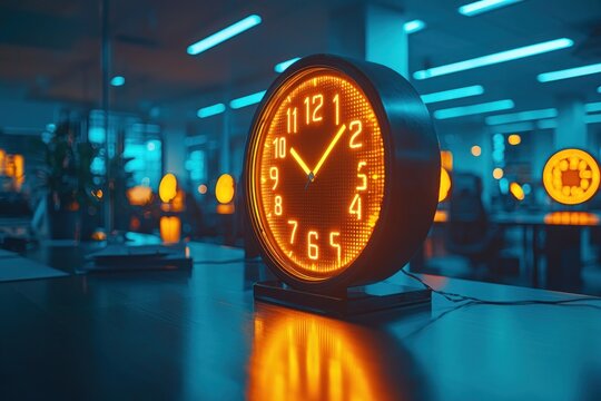 Modern clock in vibrant neon-lit office