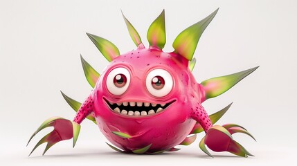 A goofy dragon fruit with big, round eyes and a wide, silly smile, resting on a clean white background. The pink skin and green spikes make it stand out.