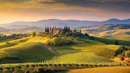 Scenic Tuscany Countryside Rolling Hills With Cypress Trees Vineyards And Traditional Italian Farmhouse In Golden Evening Light