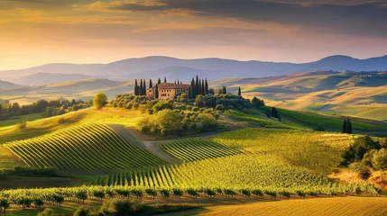 Papier peint photo intissé Scenic Tuscany Countryside Rolling Hills With Cypress Trees Vineyards And Traditional Italian Farmhouse In Golden Evening Light