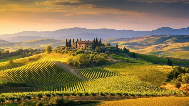 Scenic Tuscany Countryside Rolling Hills With Cypress Trees Vineyards And Traditional Italian Farmhouse In Golden Evening Light - Powered by Adobe