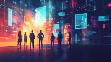 Digital Vision: A team of silhouetted professionals stands before a vibrant display of interconnected data streams, envisioning the future of innovation and technology. 