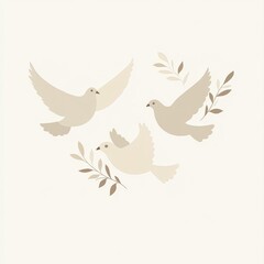 Obraz premium Serene Trio of Peaceful Doves in Flight with Olive Branch Symbolizing Harmony and Unity in a Clean Vector Illustration
