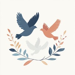 Obraz premium Serene Trio of Peaceful Doves in Flight with Olive Branch Symbolizing Harmony and Unity in a Clean Vector Illustration