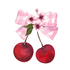 Watercolor hand draw composition with cherry and bow. Fresh berry and flowers, isolated on white background