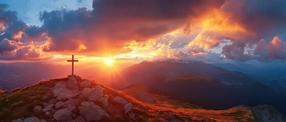 Silhouetted cross against majestic mountain sunset panorama