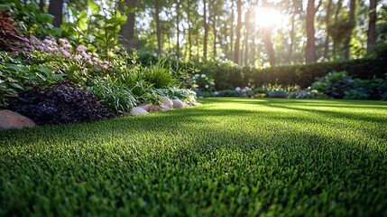 Lush Green Lawn Surrounded by Vibrant Flowers in Sunlit Forest Setting