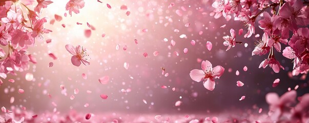 The image captures a serene and ethereal scene, showcasing delicate cherry blossoms gracefully falling from branches This enchanting display evokes a sense of tranquility and mindfulness, reminiscent