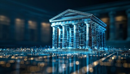 Futuristic digital banking interface featuring glowing financial elements and interactive design