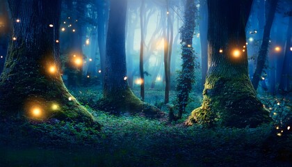 Obraz premium Enchanted Forest at Twilight with Glowing Fireflies, Mystical Fairy Tale Woodland Illuminated by Fireflies, Dreamy Fantasy Forest with Magical Glow of Fireflies.