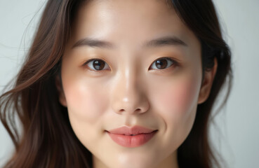 Naklejka premium Close-up of beautiful asian woman with smooth skin on white background, studio light. Brown eyes, small smile. Attractive face portrait, cosmetic skincare, beauty, facial treatment, personal care.