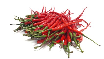 Fototapeta premium A close-up of fresh, red chilies or cayenne pepper with green stem. Perfect as a background, for spicy and delicious sensation. isolated on white background