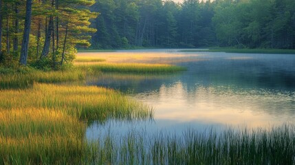 Fototapeta premium Serene Morning Light Over Calm Lake Surrounded by Lush Forests