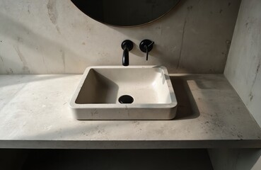 Fototapeta premium Minimalist bathroom interior. Concrete countertop with square washbasin, black faucet. Natural light from window, round mirror create soft shadows. Modern style with smooth texture, clean design.