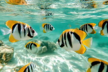 Fototapeta premium Underwater Tropical Paradise with Vibrant Coral Reef and Exotic Fish in Crystal Clear Turquoise Ocean Waters