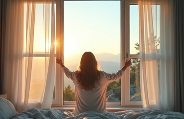Woman opens curtains on window in bedroom in morning. Stretches looks at mountain view at sunrise, enjoys sunshine. Early wake up, new day, accommodation in mountains, nature vacation. Attractive