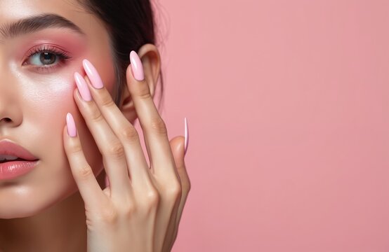 Close-up of woman face with pink makeup, manicure. Pink eyeshadow, glossy lips and nail polish. Model hand touches soft flawless skin. Beauty portrait on pastel background. Fashion style concept.
