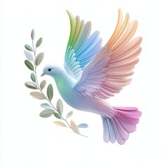 Obraz premium Vivid Rainbow-Hued Dove with Delicate Olive Branch Symbolizing Peace and Unity on a Crisp White Canvas