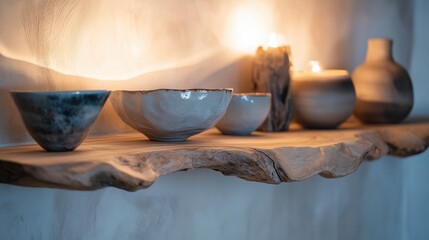 A rustic wooden shelf displays a collection of pottery, including bowls, vases, and a candle, against a textured white wall.
