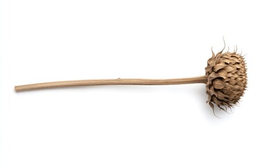 Dried Flower Head with Long Stem on White Background