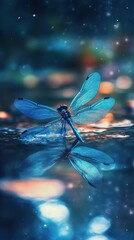 A beautiful blue dragonfly resting near a body of water