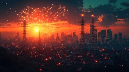 Fototapeta premium Sunset over a city skyline with power lines and digital connections illuminating the sky