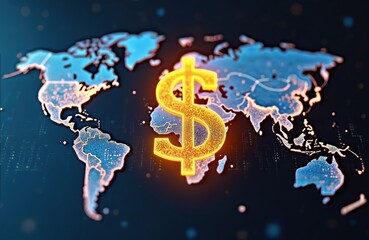Naklejka premium Glowing dollar sign intertwined with digital world map symbolizes global finance, investment growth. Strategic profit transactions, dynamic commerce, international exchange, stock market success.