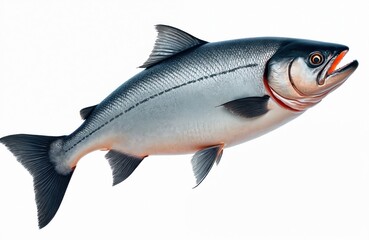Obraz premium Isolated raw atlantic salmon. Fresh sea fish with silver scales, orange belly, black fins on white background. Close-up of whole seafood carcass for healthy nutrition, gourmet cooking.