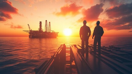 Fototapeta premium Two workers observing a vibrant sunset over an offshore oil rig, reflecting on the day's labor