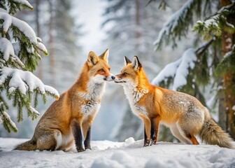 Obraz premium Majestic Red Foxes in Snowy Winter Forest - Wildlife Photography