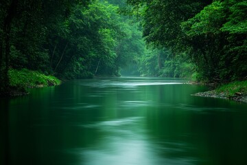 Obraz premium serene river flowing through a lush green forest, with a peaceful, natural ambiance, in a jungle