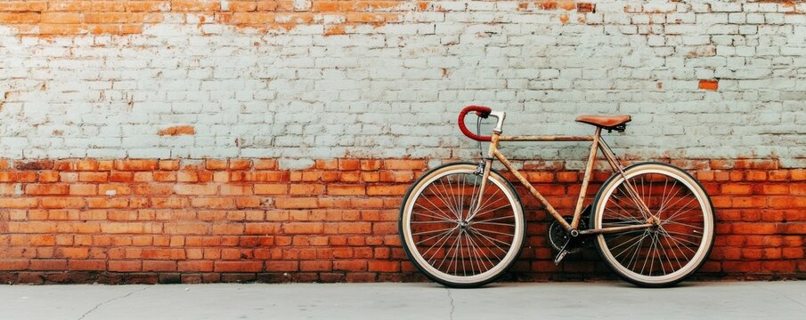 A vintage bicycle rests against a weathered brick wall