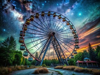 Milky Way Galaxy Arching Over Derelict Ferris Wheel at Night - Astrophotography Stock Image