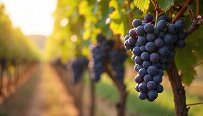 Fototapeta premium Close-up of dark purple grapes bunch hanging on vine in sunlight. Ripe fruits in vineyard, vinification concept. Fresh organic grapes harvest. Vine growing in farm agricultural landscape.