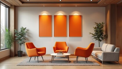 Modern office interior design featuring furniture, decor with orange accents. Three armchairs near round table. Spacious coworking zone, minimalist layout with houseplants, three blank orange canvas