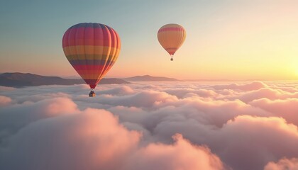 Obraz premium Two colorful hot air balloons float gracefully above cloud blanket at sunset. Balloons silhouettes in blue sky. Air ballooning transport with cloudscape, freedom, fun, travel adventure above. Air