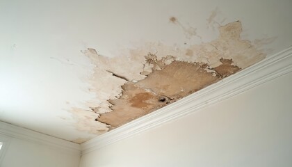 Stained white ceiling with visible water marks, peeling paint. Home requires water damage restoration repair, shows need for renovation, maintenance, leak prevention, claim and insurance service.