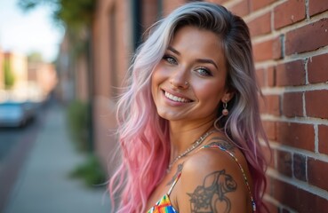 Smiling transgender woman stands near red brick wall. Person with pink and grey hair wearing rainbow dress. Tattoo on shoulder. Portrait of happy transexual girl on street. Pride concept.
