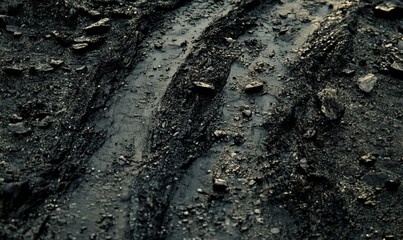 Muddy tire tracks on a rocky rural road after rain