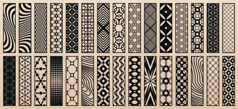 Big collection of 30 vector templates for laser cut. Abstract geometric patterns, modern ornaments, decorative panels. Stencils for CNC cutting of wood, paper, metal, plastic, iron. Aspect ratio 1:4