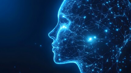 Obraz premium Digital Mind: A glowing blue representation of a human head, intricately woven with interconnected lines and points, evoking the concept of artificial intelligence, the digital mind.